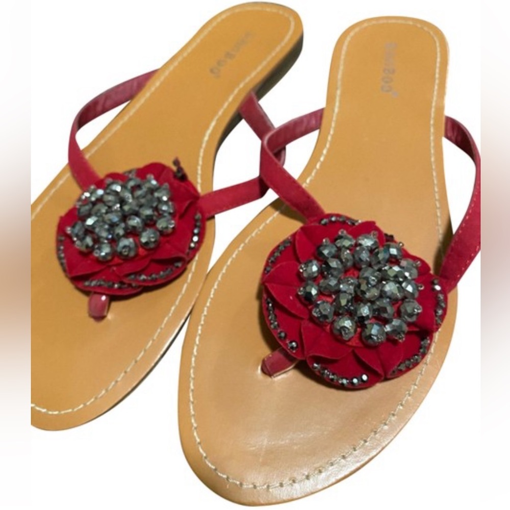 Bamboo Red Flower w/ Beads Open Toe Flats/Sandals